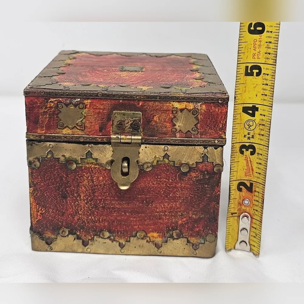Handmade Pier 1 India Decorative Brass Wood Hinged Trinket Stash Box